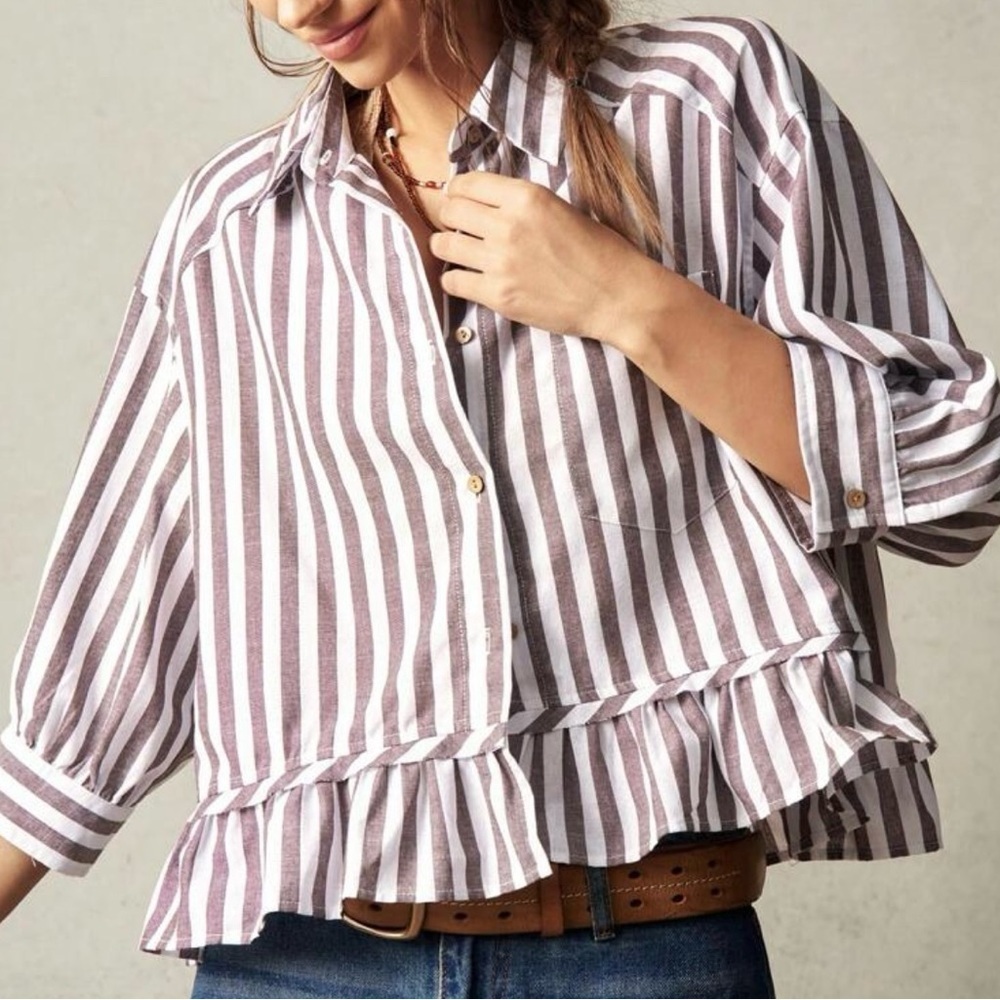 Striped Button-Up Ruffle Hem Blouse